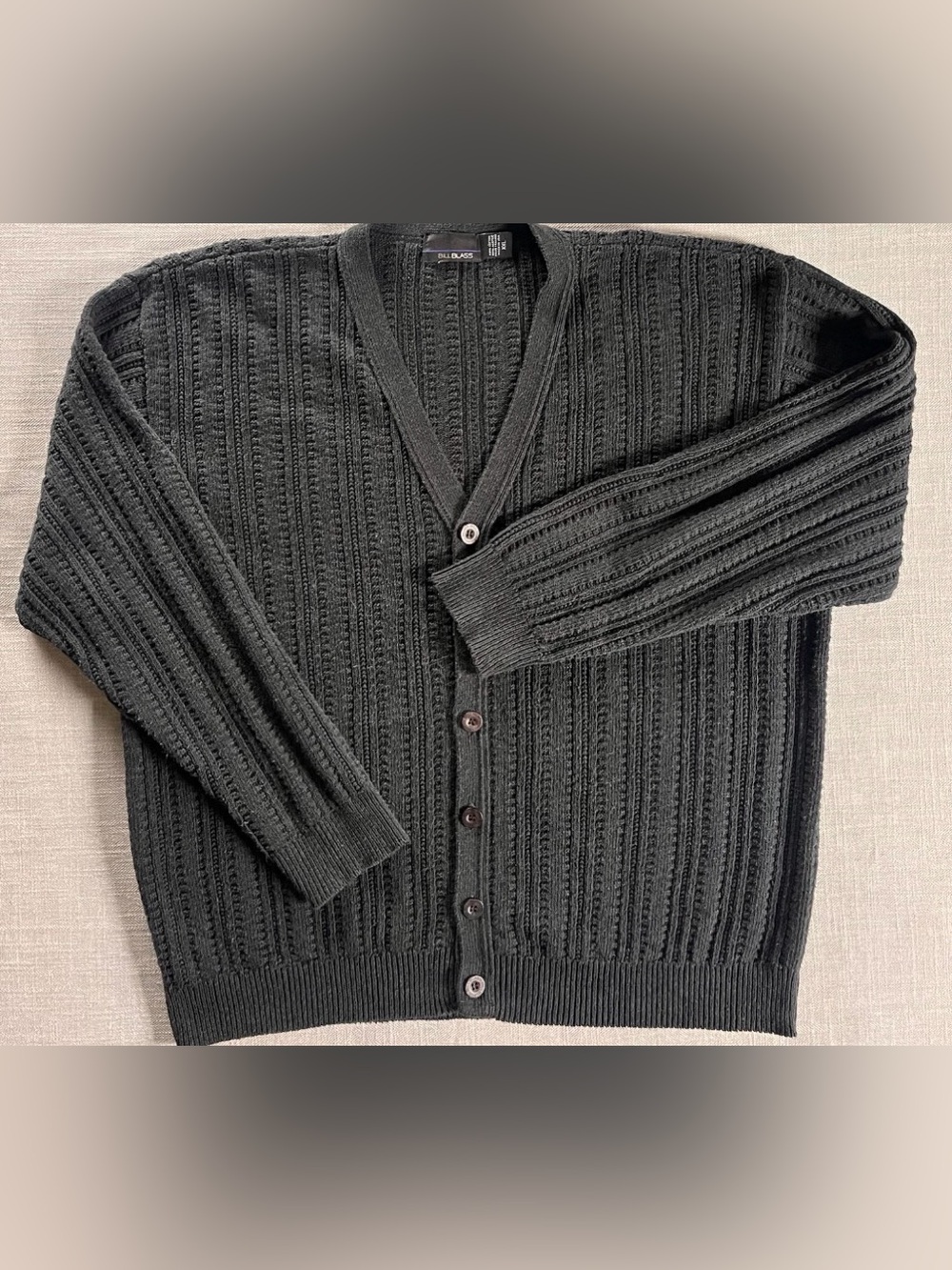 Vintage Bill Blass Heathered Charcoal Ribbed Knit V-Neck Cardigan Dad Sweater